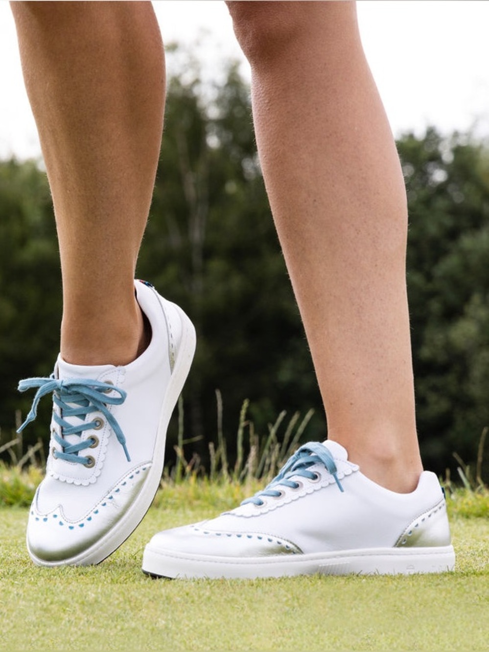 Royal Albartross Primrose spikeless wingtip golf shoes, white & silver leather,
